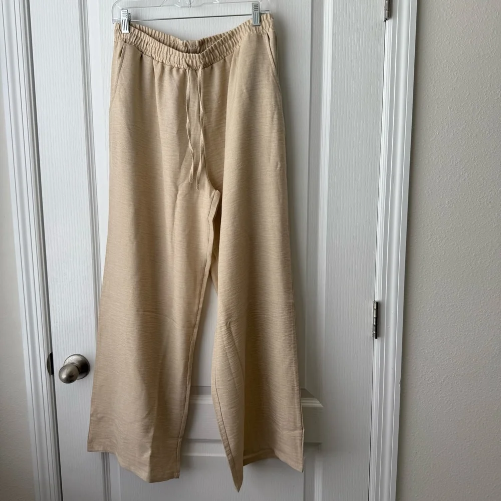 NEW Women's MURCI Linen Trousers Size L Beige Wide Leg - Picture 1 of 7
